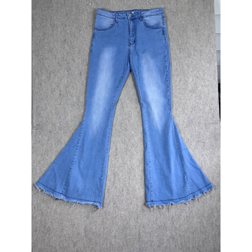 Womens Light Wash High Waisted Extreme Bell Bottom Flare Jeans Raw Hem Boho